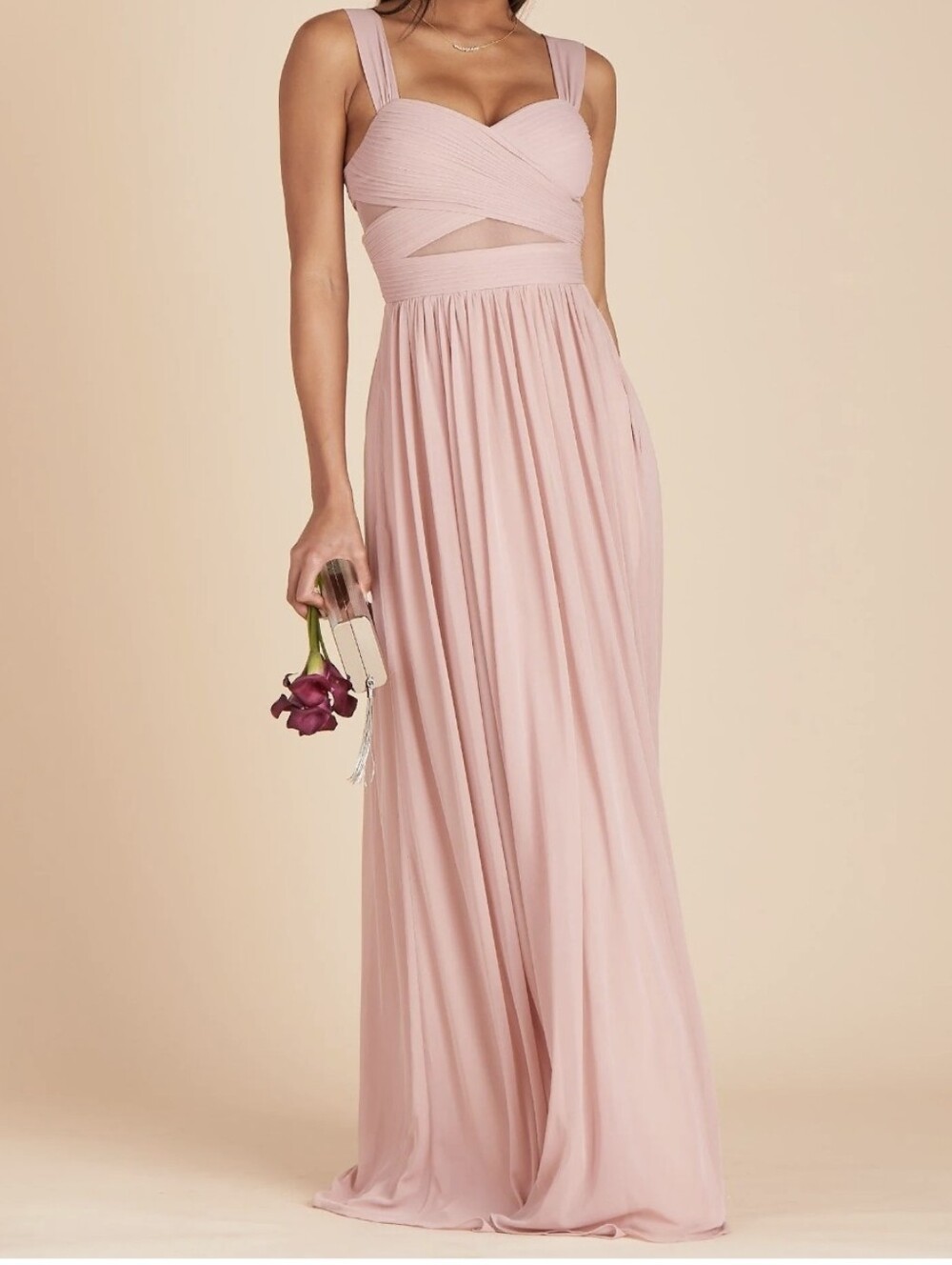 Birdy Grey Dusty Rose Pink Chiffon Full Length Mesh Cutout Elyse Dress
